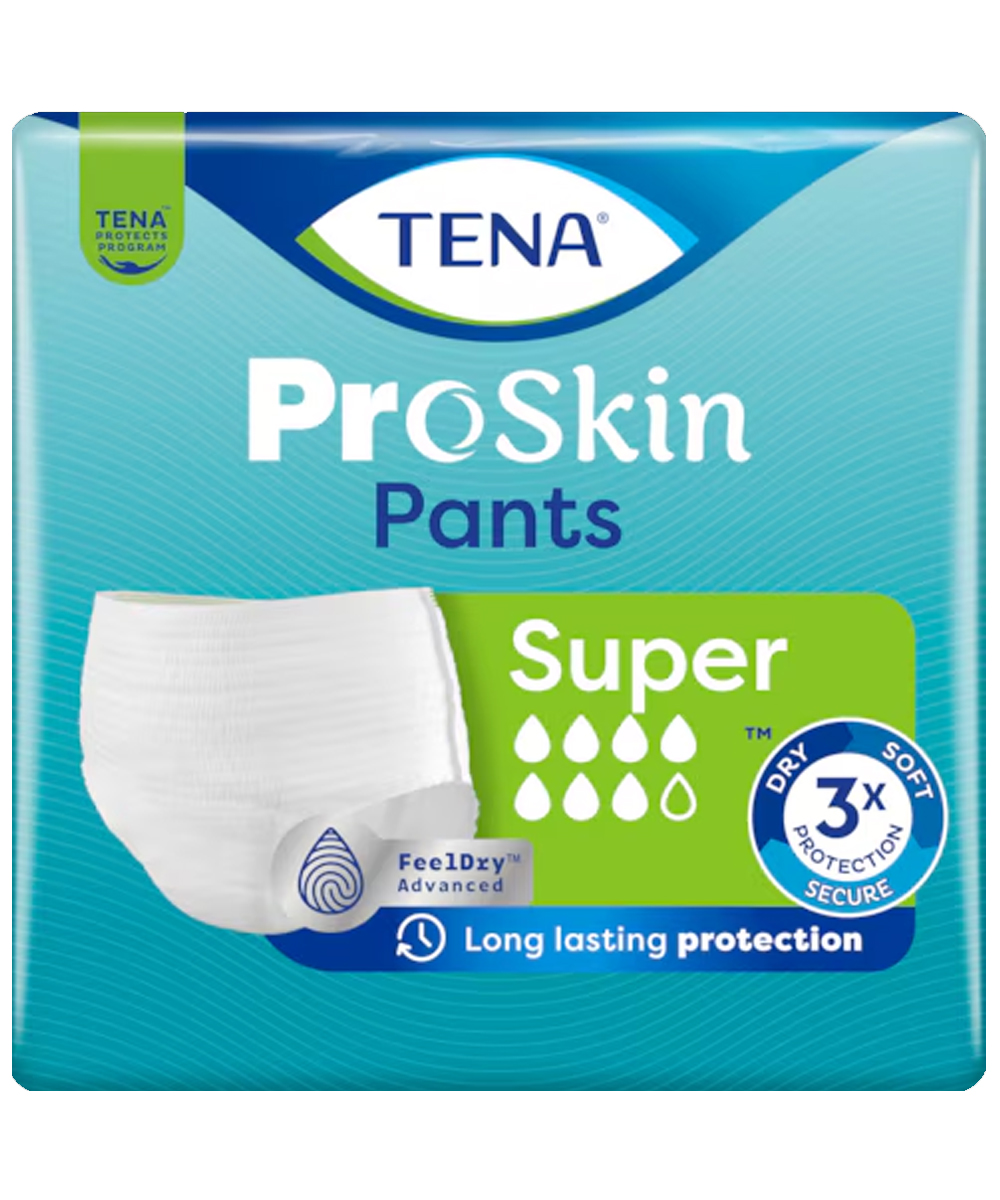 Mutandine assorbenti TENA ProSkin Pants Super con tecnologia FeelDry Advanced™, comfort elevato e protezione contro perdite da moderate a pesanti