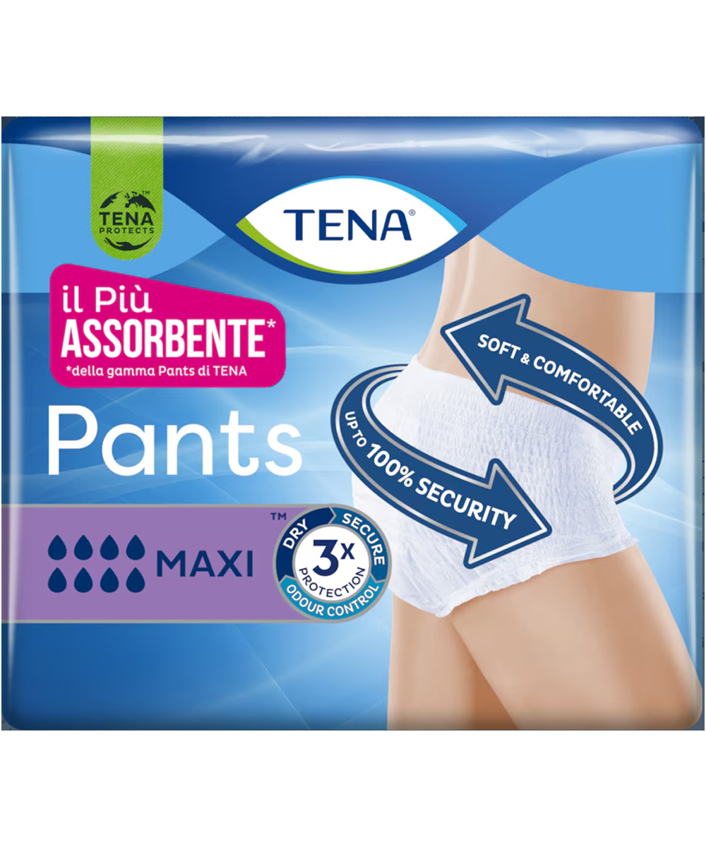 Immagine di TENA Pants Maxi, mutandine assorbenti per incontinenza urinaria pesante, taglia XL, con forma anatomica, materiali traspiranti e tecnologia Neutralizza Odori.