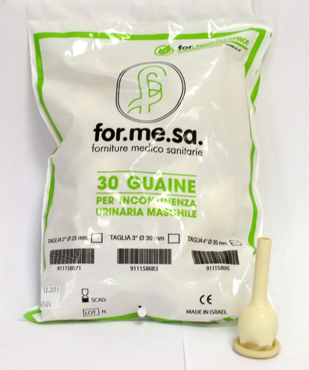 Guaina maschile in lattice per incontinenza urinaria, resistente agli attorcigliamenti. Si adatta perfettamente alle sacche di drenaggio, garantendo comfort e sicurezza.