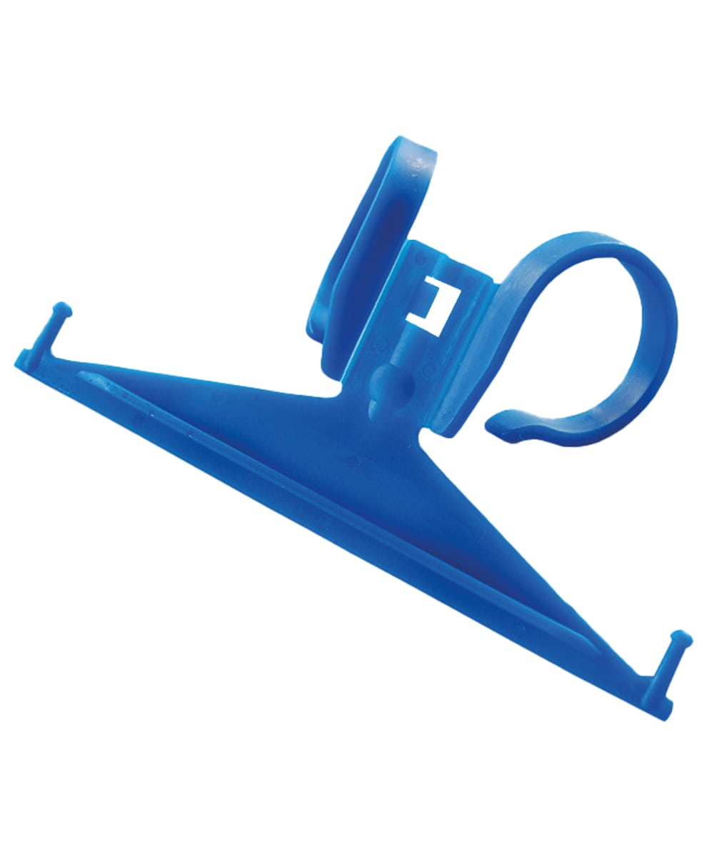 Sostegno universale in plastica blu per sacca urinaria, resistente e pratico, ideale per letti e sedie in strutture sanitarie.