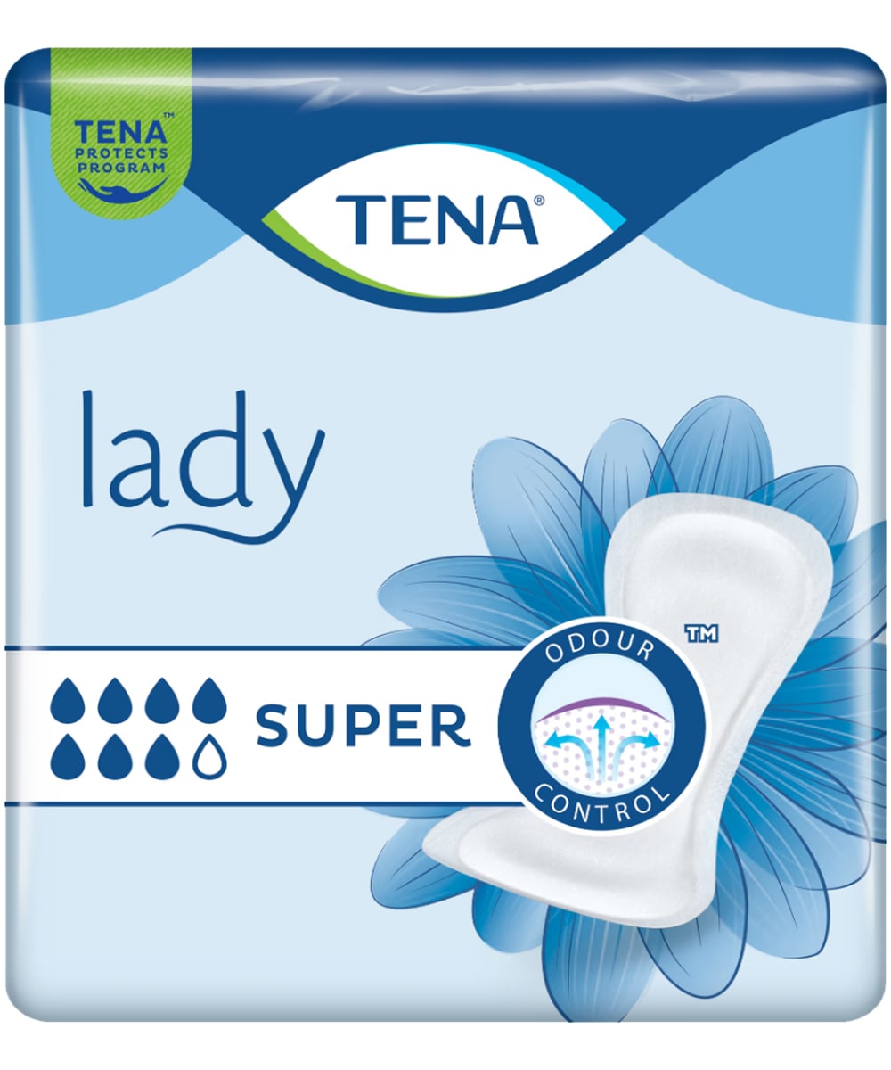 Assorbente anatomico TENA Lady Super per incontinenza urinaria moderata e pesante, con elevata assorbenza, forma ergonomica e rivestimento traspirante.