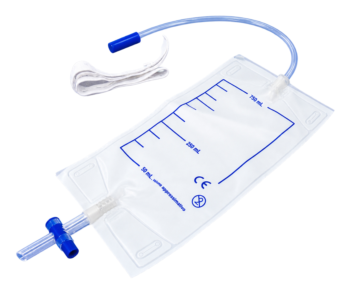 Sacca urina da gamba 750 ml monouso con tubo 35 cm e scarico a T