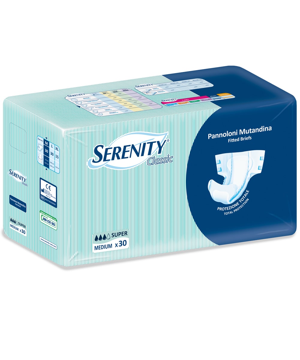 Serenity Classic Pannolone Mutandina M Super ad alta assorbenza per incontinenza urinaria e fecale, con barriere laterali e indicatore di umidità.
