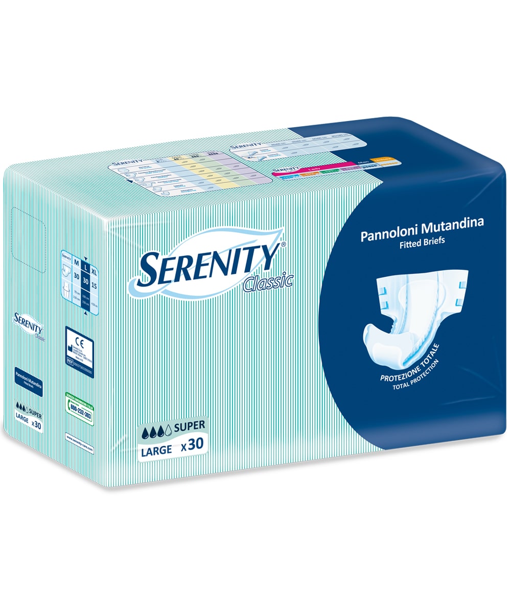 Serenity Classic Pannolone Mutandina L Super ad alta assorbenza per incontinenza urinaria e fecale, con barriere laterali e indicatore di umidità.