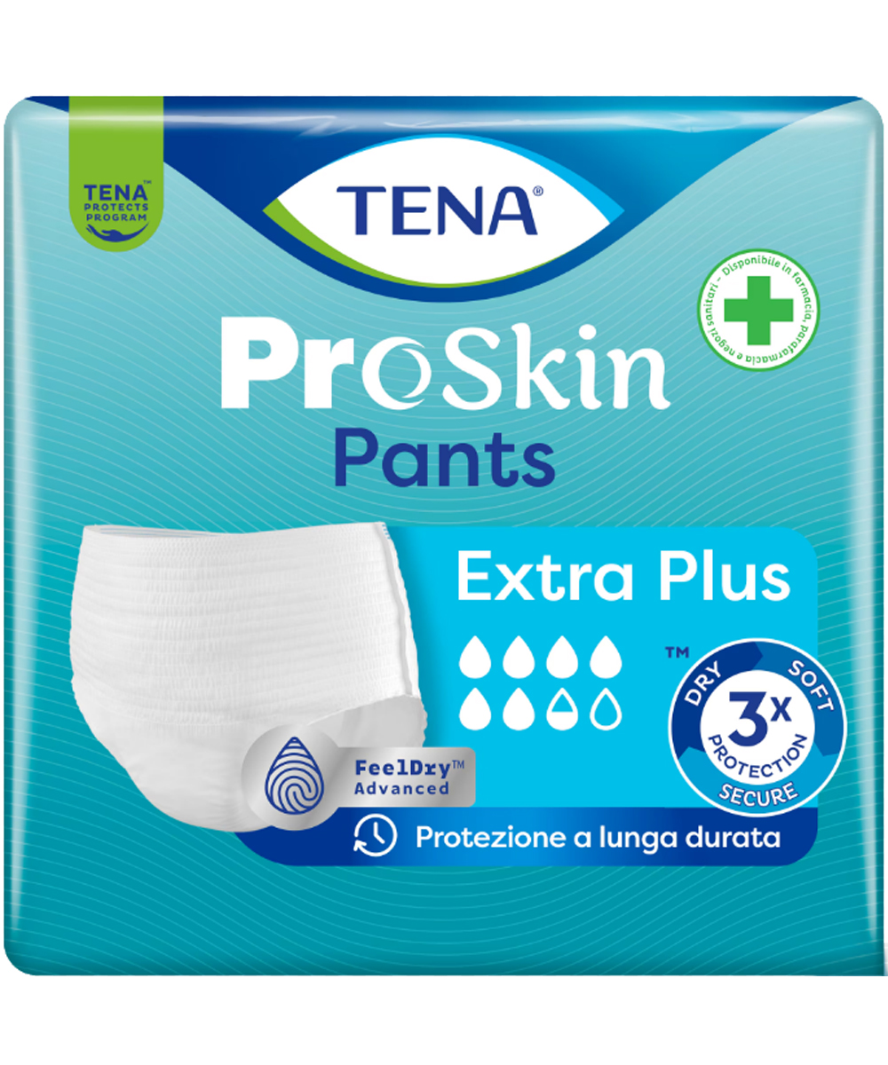 TENA ProSkin Pants Extra Plus, mutandine assorbenti con tecnologia FeelDry Advanced™, garantiscono comfort, asciutto e protezione contro le perdite urinarie abbondanti.