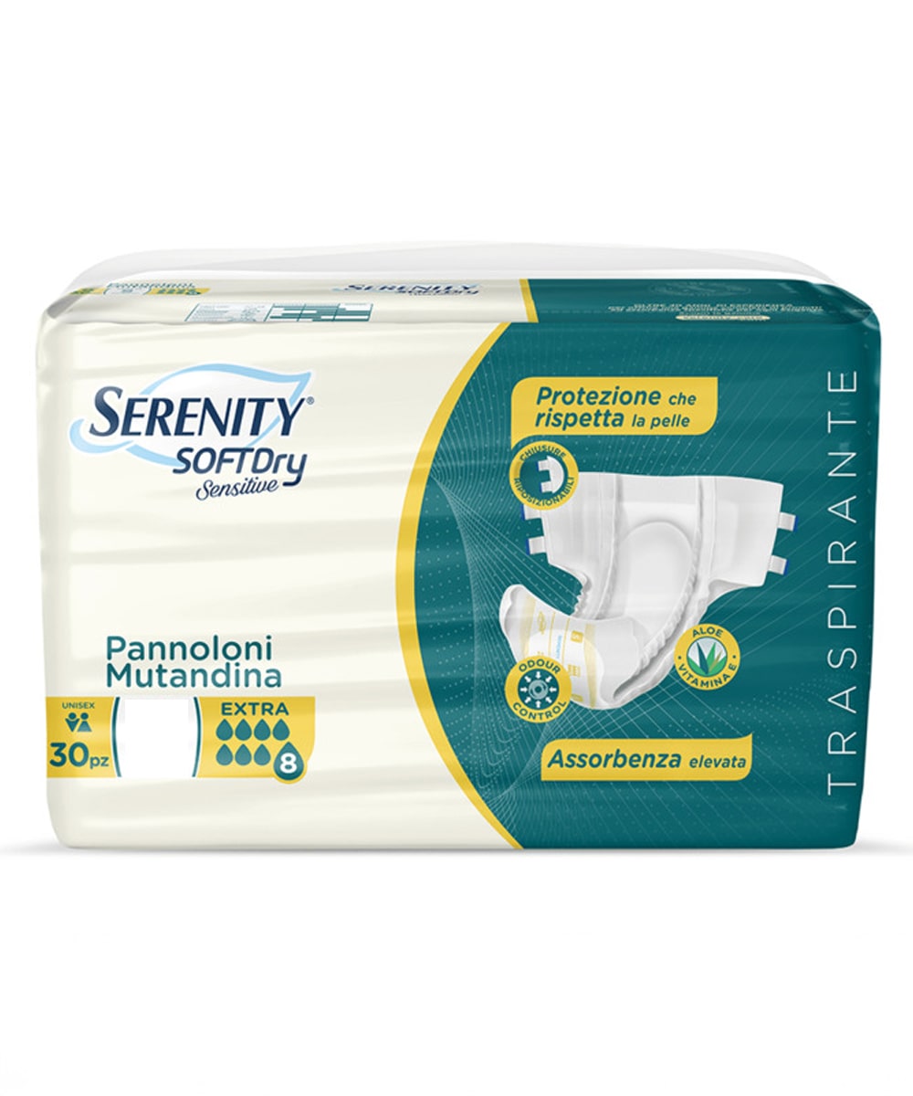 Pannolone mutandina anatomico per incontinenza moderata o abbondante, con aloe e vitamina E, tessuto traspirante e alta assorbenza.