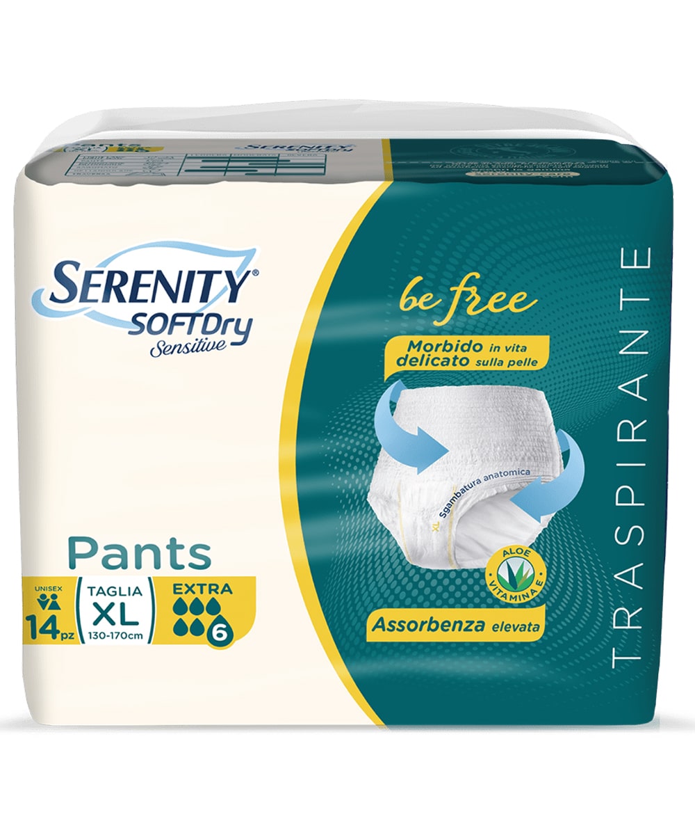 Mutandina assorbente Pants Sensitive Be Free con Aloe e Vitamina E, ideale per incontinenza moderata e grave, discreta e confortevole.