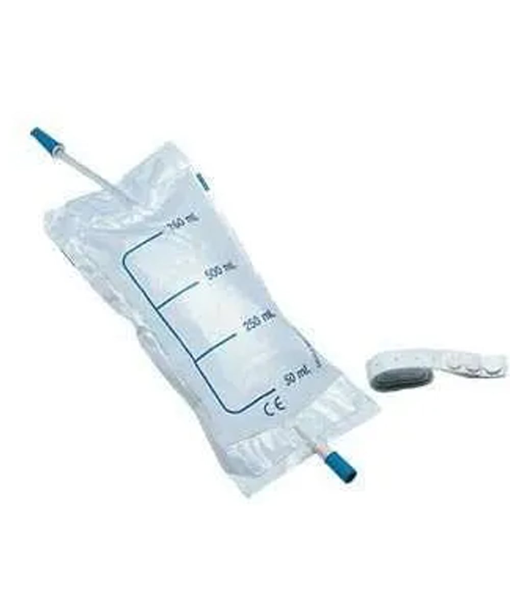 Raccoglitore per urina da gamba 750 cc con valvola antireflusso e rubinetto di scarico, realizzato in PVC medicale biocompatibile, indicato per uso professionale sanitario e assistenziale.