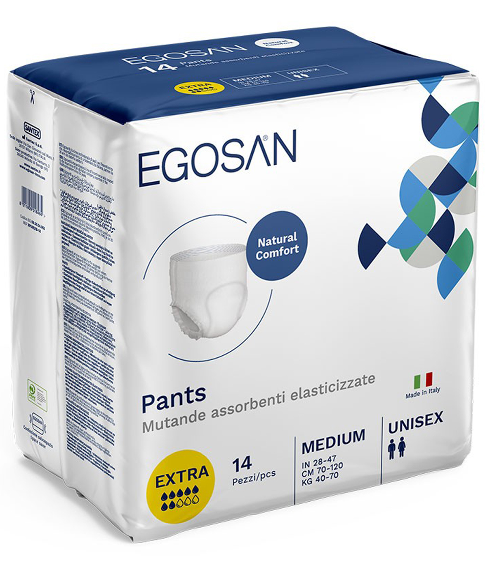 Mutanda assorbente Egosan Pants Extra, con struttura traspirante e barriere laterali per un’efficace protezione contro le perdite.