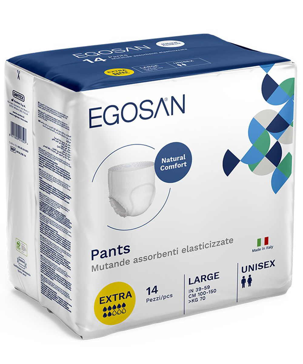 Mutanda assorbente Egosan Pants Extra, con struttura traspirante e barriere laterali per un’efficace protezione contro le perdite.