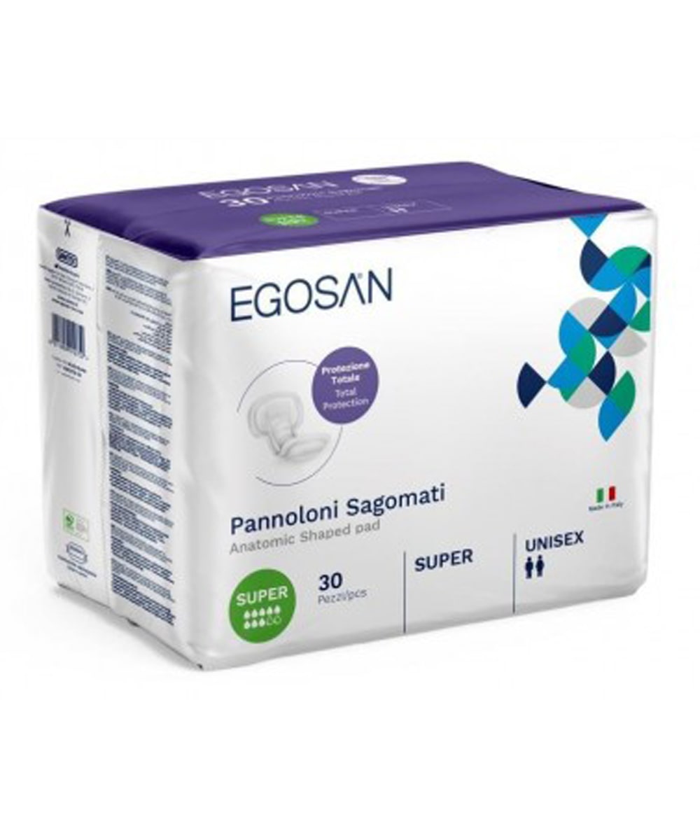 Pannolino sagomato Egosan Super in confezione da 30 pezzi, con sistema dermoprotettivo e assorbenza elevata per incontinenza grave.