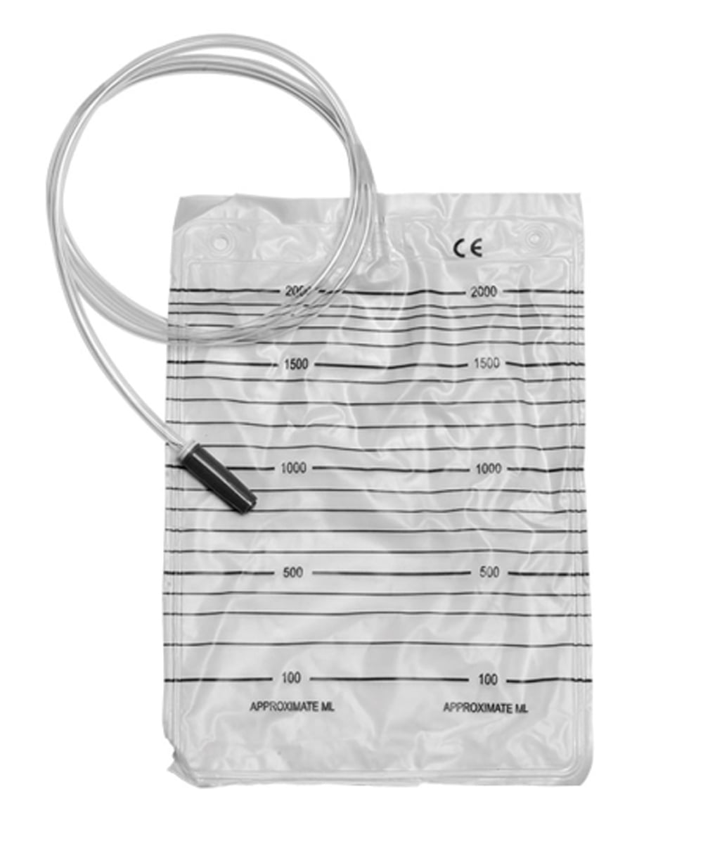 Sacca urina 2000 ml in PVC trasparente con valvola antireflusso, graduata, ideale per drenaggio sicuro e monitoraggio in contesti clinici.