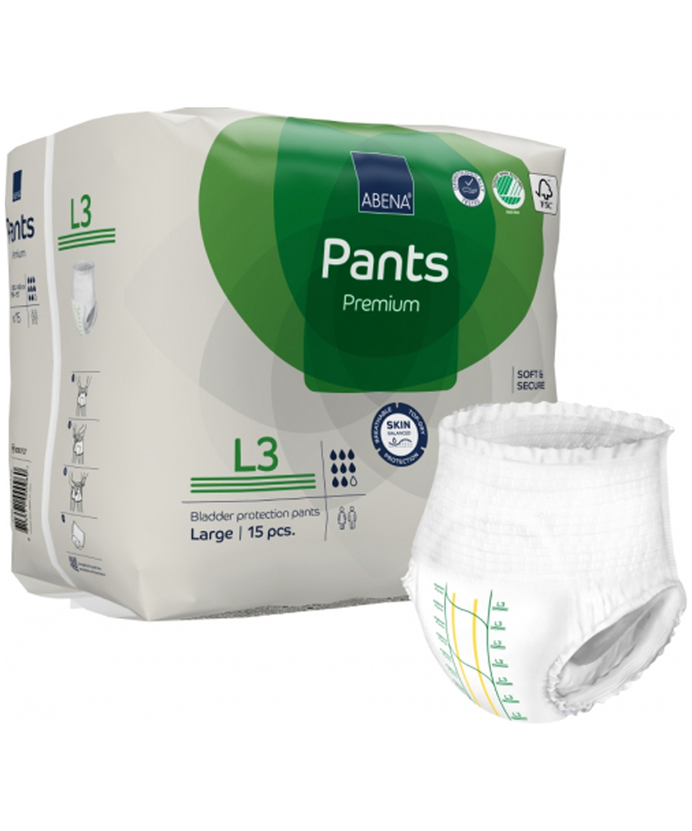 Pannoloni a mutandina Abena Pants Premium L3 con assorbenza 2400 ml, tecnologia Top Dry, controllo odori e comfort superiore.