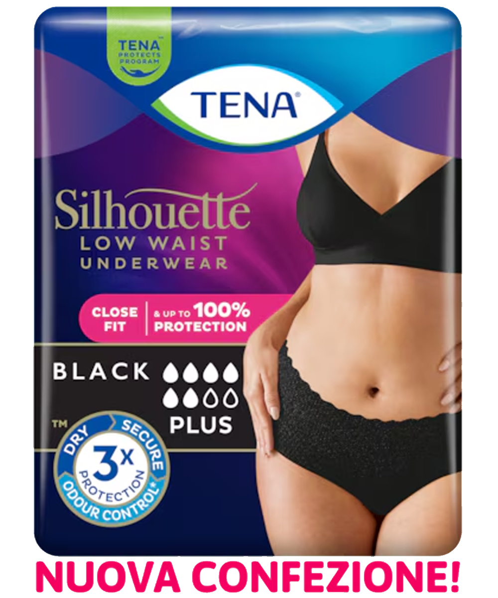 Mutandine assorbenti TENA Silhouette Noir a vita bassa, nere dentro e fuori, con protezione elevata e design elegante e discreto.