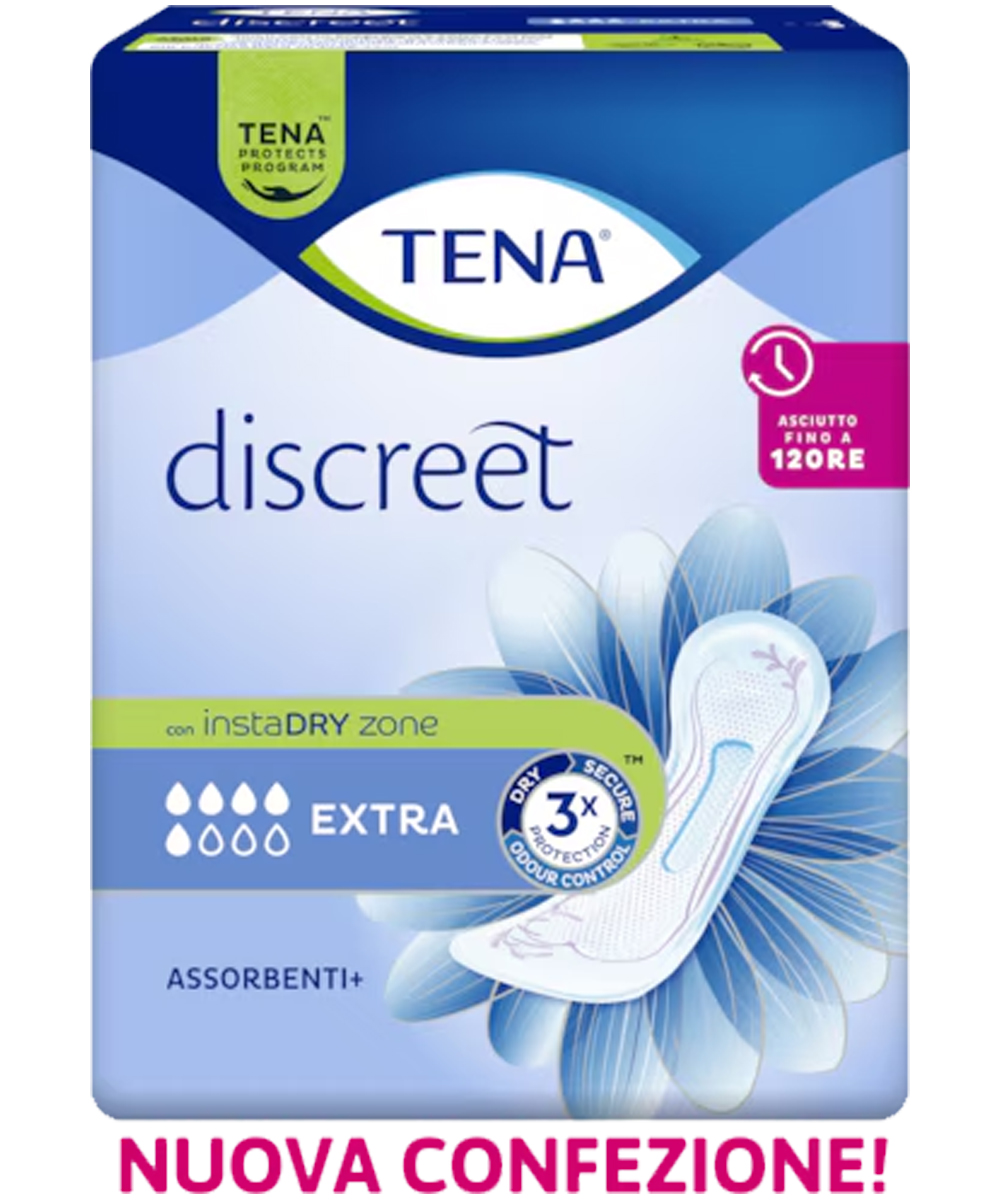 Assorbente TENA Discreet Extra con tripla protezione e tecnologia instaDRY, ideale per gestire perdite urinarie moderate in modo confortevole e discreto.