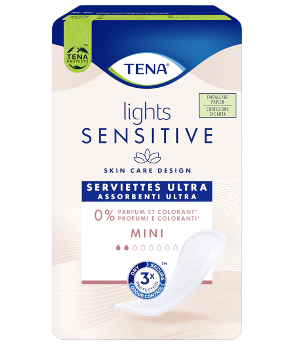 Assorbenti TENA Lights Sensitive Mini confezione da 20 pezzi, ideali per perdite urinarie leggere, delicati sulla pelle e senza profumi.