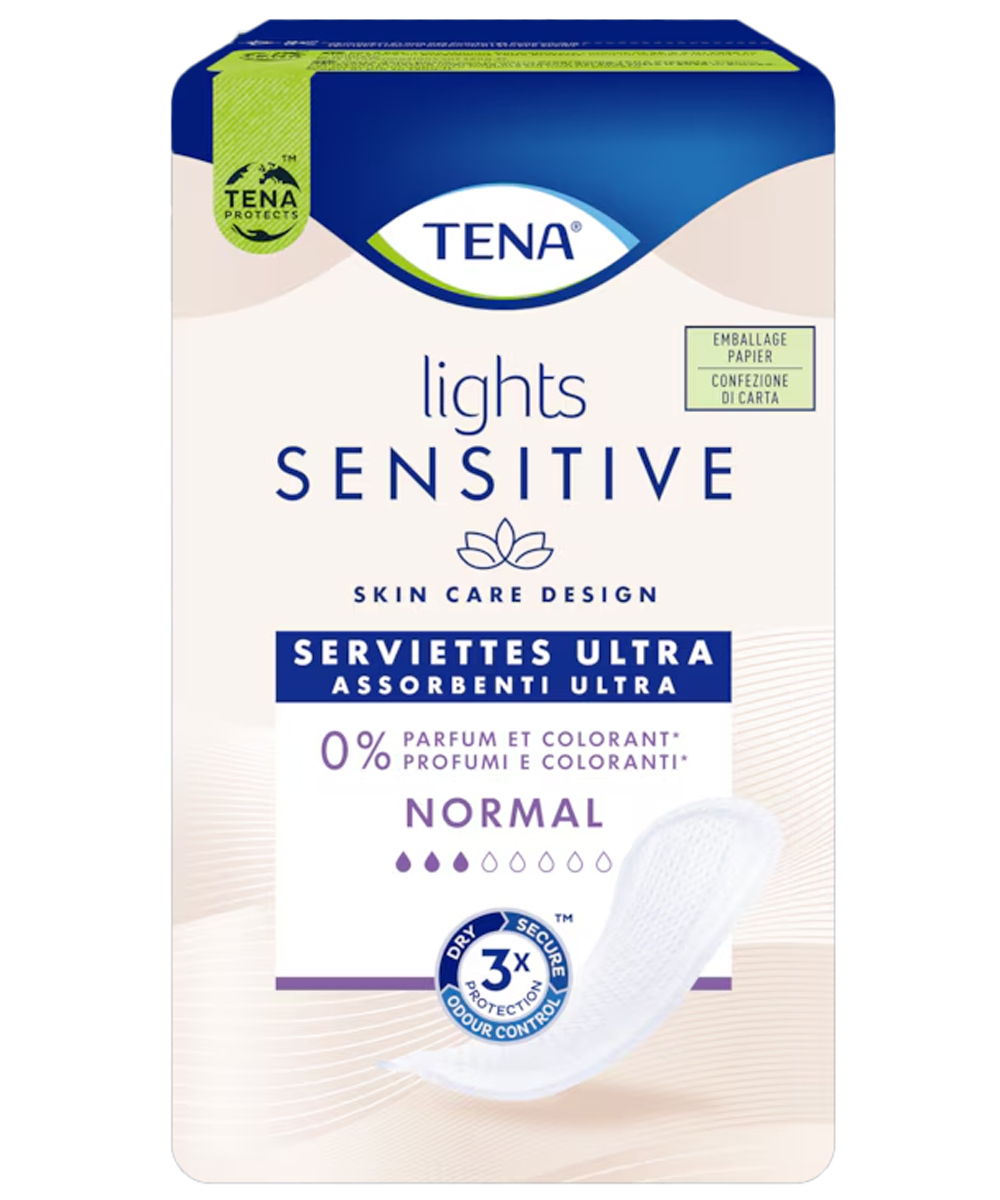 Assorbenti urinari TENA Lights Sensitive Normal in confezione da 16 pezzi, ideali per perdite urinarie leggere e pelli sensibili