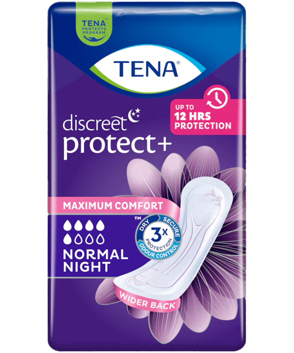 Confezione di assorbenti TENA Discreet Protect+ Normal Night per donne con incontinenza moderata, ideali per uso notturno e protezione completa.