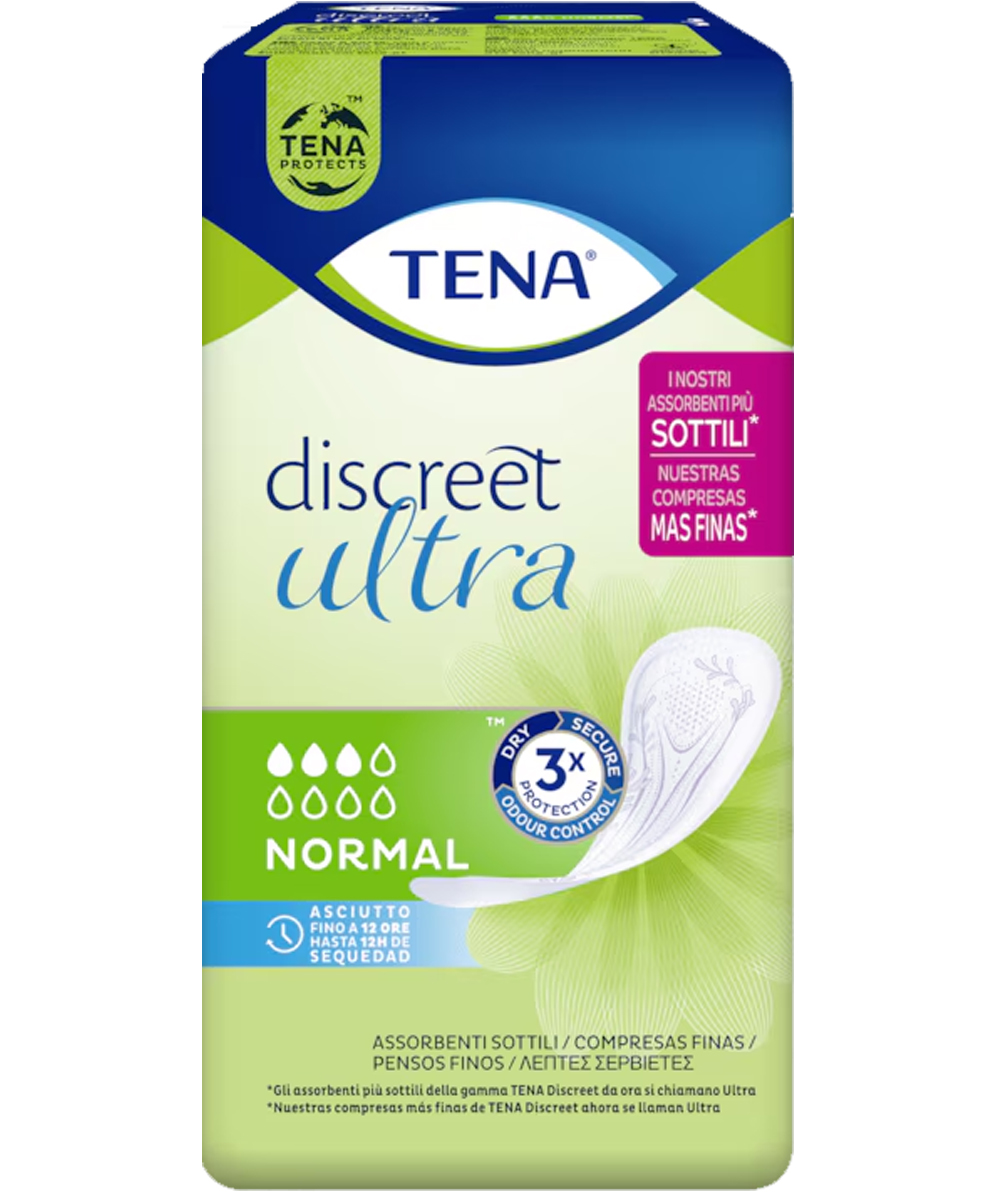 Assorbenti TENA Discreet Ultra Normal 16 pezzi per incontinenza leggera, formato sottile da 25 cm con protezione avanzata
