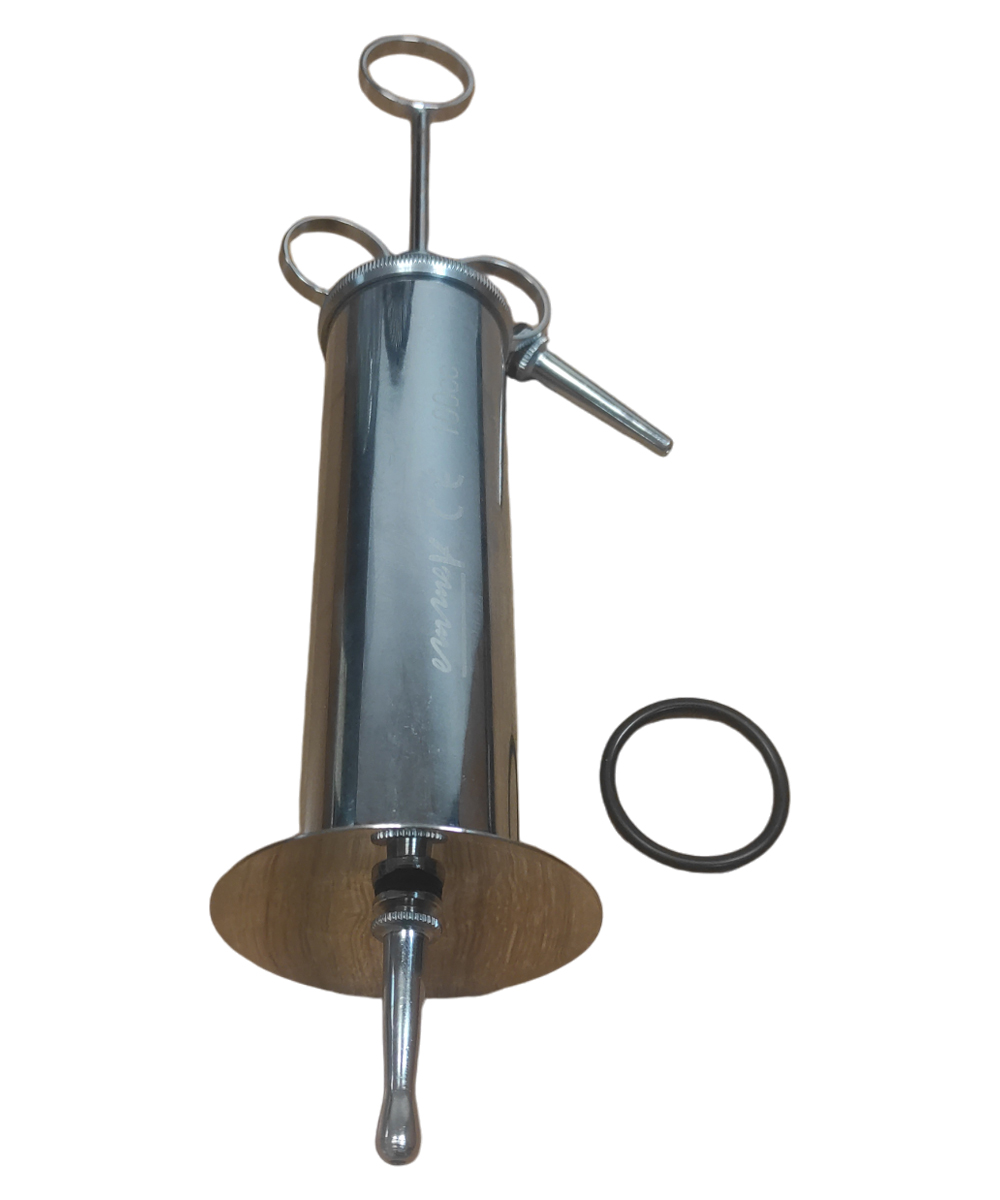 Schizzettone tipo SCHIMMELBUSCH in metallo con set completo, sterilizzabile e latex free. Capacità 100CC, ideale per uso clinico.