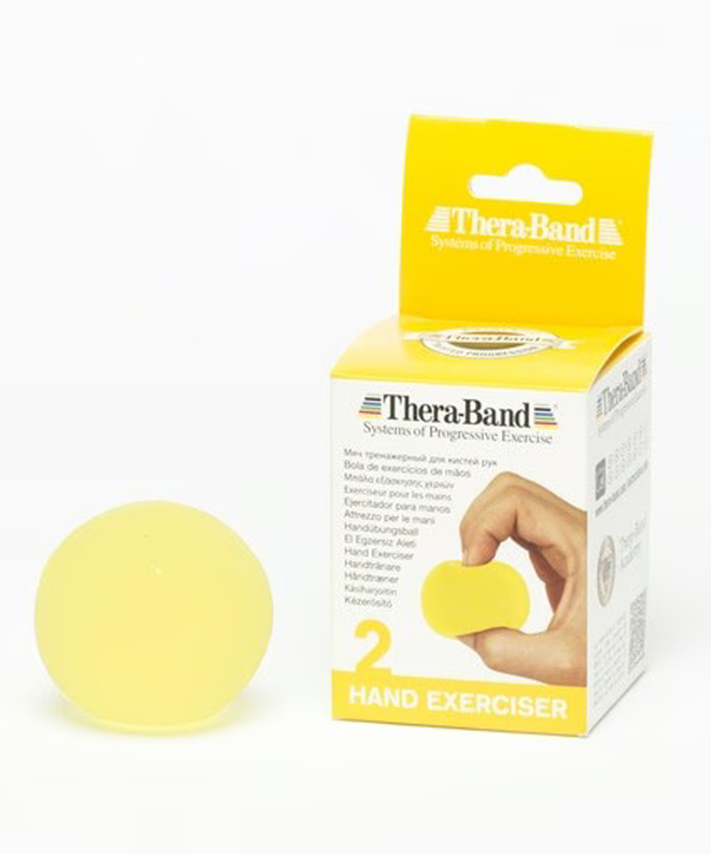 Palline Thera-Band gialle utilizzate in esercizi di fisioterapia per artrite.