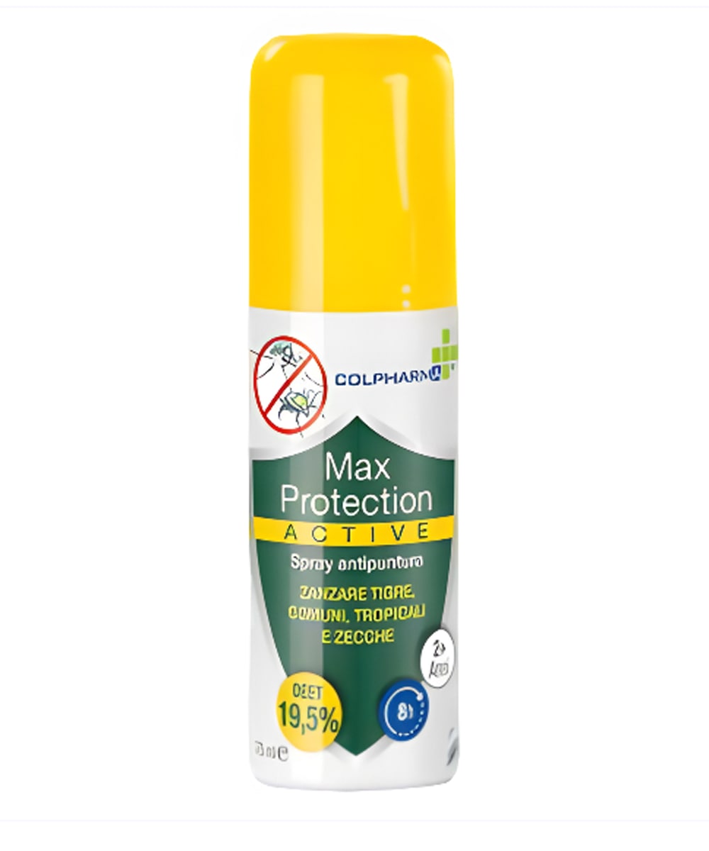  Spray Repellente Active Max Protection, mostrando il flacone sicuro e adatto ai bambini, ideale per attività all'aperto e zone a rischio.