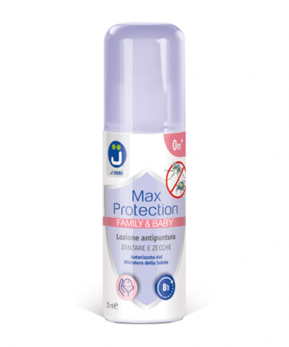 spray antizanzare J BIMBI® Max Protection Family & Baby, mostrando il flacone pratico e sicuro, ideale per proteggere i neonati e bambini.