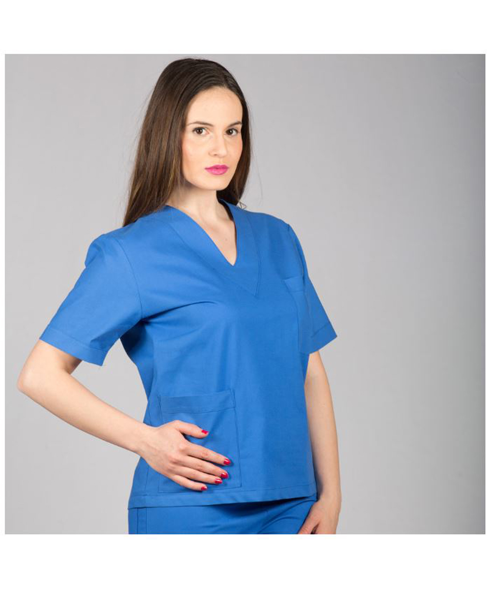 Casacca ospedaliera unisex in cotone blu navy con scollatura a “V” e manica corta, dotata di tasche funzionali per il personale sanitario.