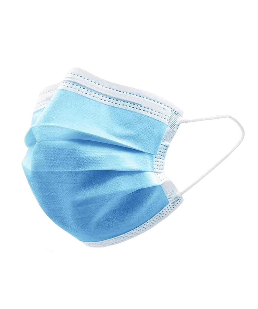Immagine della mascherina chirurgica a 3 strati TNT di colore azzurro, con elastici privi di lattice e rifiniture termosaldate.
