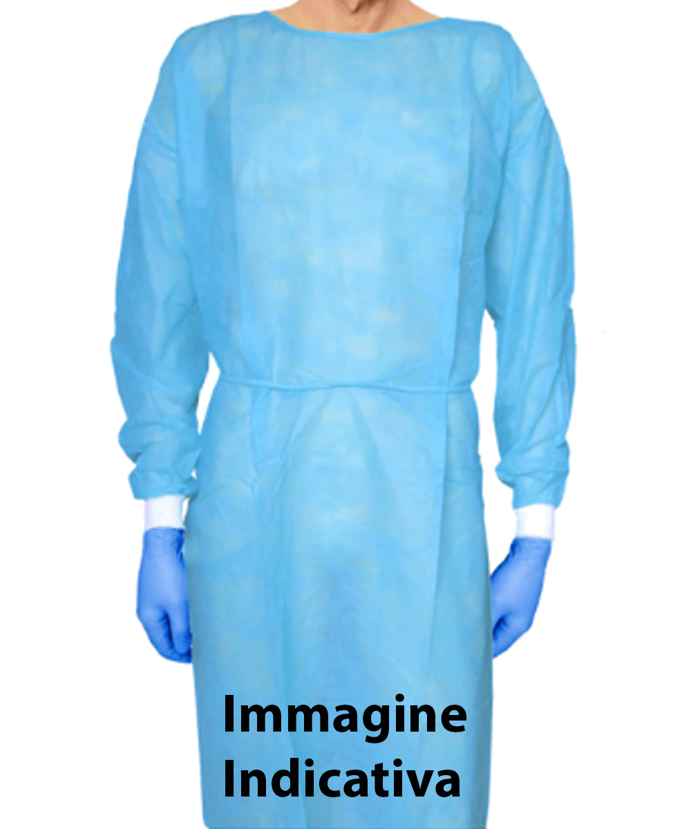 Camice chirurgico monouso in tessuto SMS, idrorepellente e traspirante, con chiusura a velcro e laccio in vita. Disponibile in taglia M