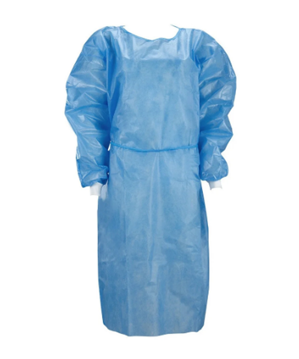 Camice chirurgico monouso in SMS azzurro, taglia L, maniche lunghe con polsini, chiusura posteriore, confezione da 10 pezzi.