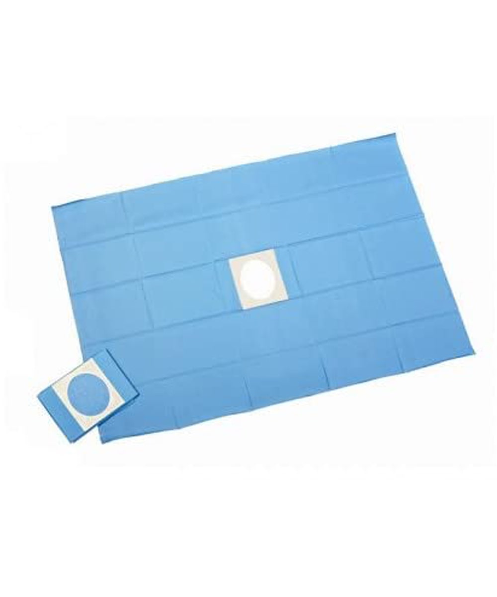 Telo chirurgico monouso sterile impermeabile in TNT medicale e polietilene, colore azzurro antiriflesso, ideale per protezione in sala operatoria.