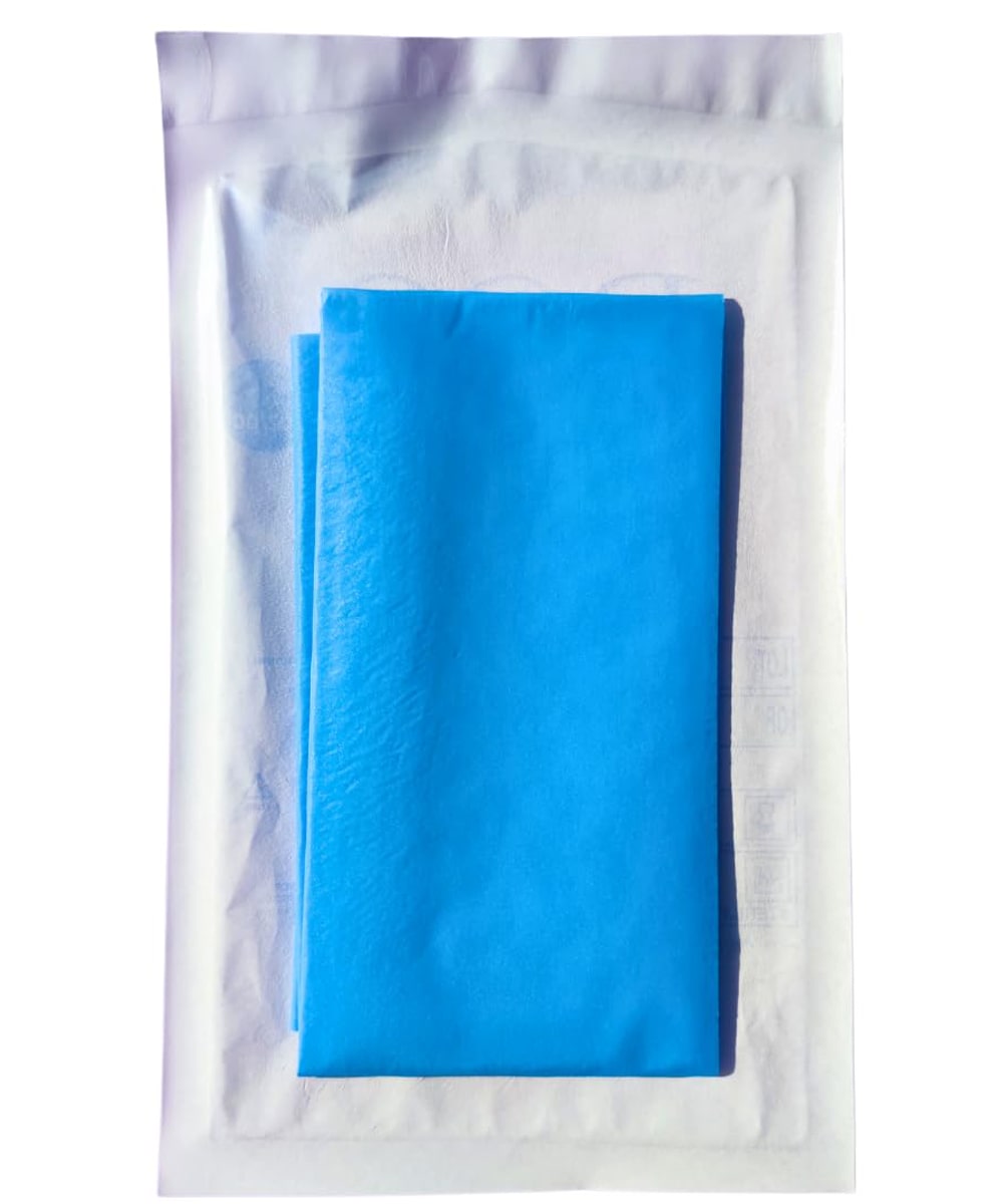 Telo chirurgico sterile monouso in TNT medical grade con rivestimento impermeabile PE, dimensioni 50x75 cm, ideale per uso ospedaliero.