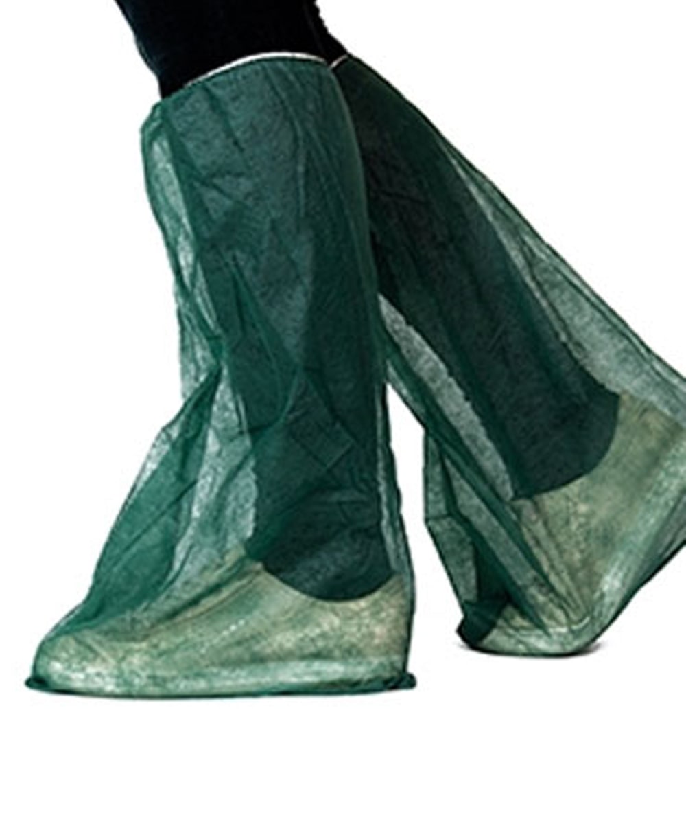 Calzare monouso in TNT verde scuro con elastico, resistente, latex free e idrorepellente, ideale per ambienti sanitari, clinici e ospedalieri.