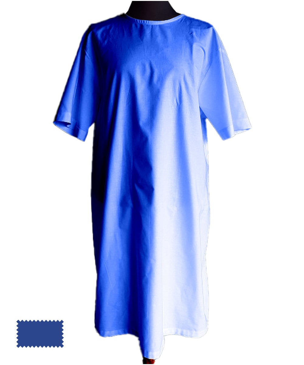 Camice paziente colore blu con allacciatura posteriore, mezza manica e in cotone per uso ospedaliero