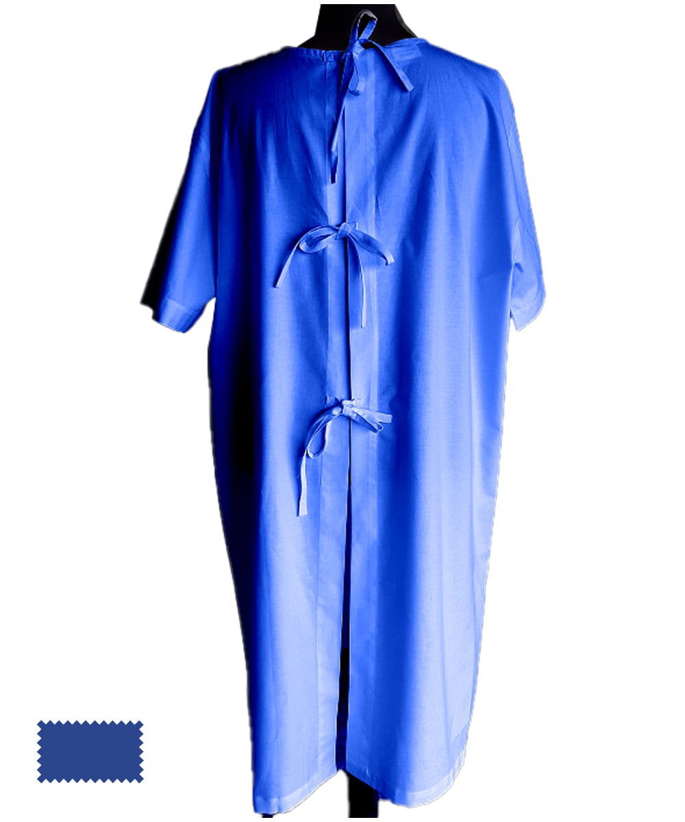 Camice paziente colore blu con allacciatura posteriore, mezza manica e in cotone per uso ospedaliero