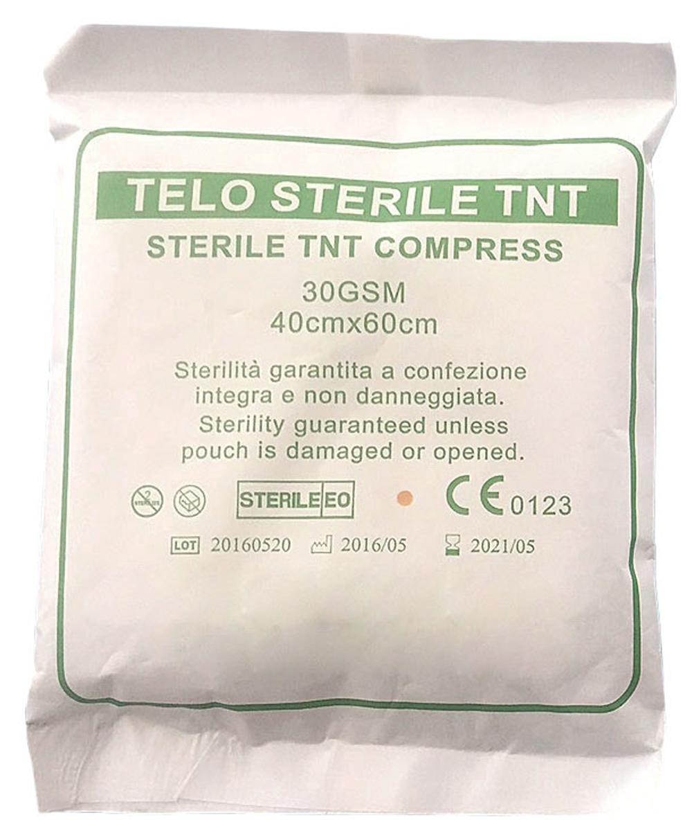 Telo sterile in tessuto non tessuto 40x60 cm, ideale per medicazioni sicure di ferite e ustioni. Conforme alla normativa MDR 745/2017.