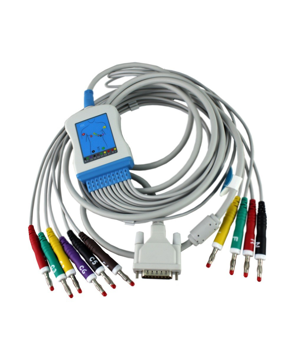 Cavo ECG a 10 terminali per elettrocardiografo EDAN con connettori da 4 mm, ideale per misurazioni accurate e compatibile con vari modelli di elettrocardiografi.