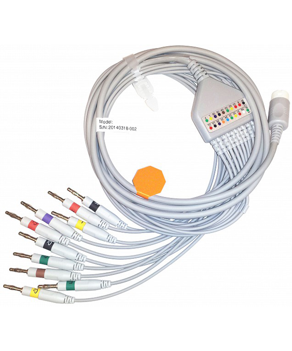 Cavo paziente ECG con 10 terminali a banana 4 mm IEC e attacco rotondo 12 PIN, compatibile con apparecchiature Mindray, per monitoraggio cardiaco sicuro e affidabile.