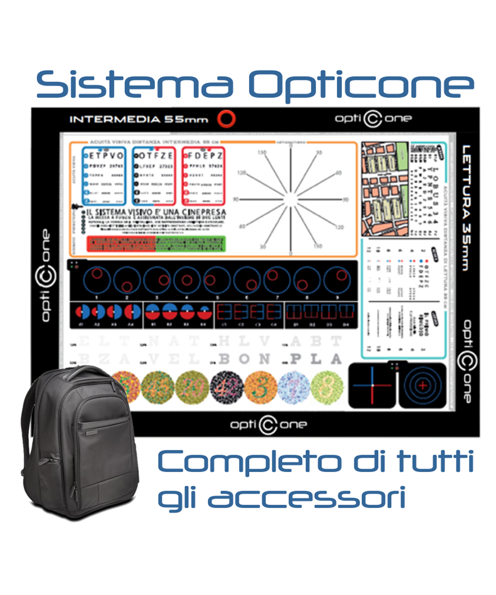 Sistema Opticone per esami visivi. Cornice LED con test precisi, accessori inclusi e software per report personalizzati.