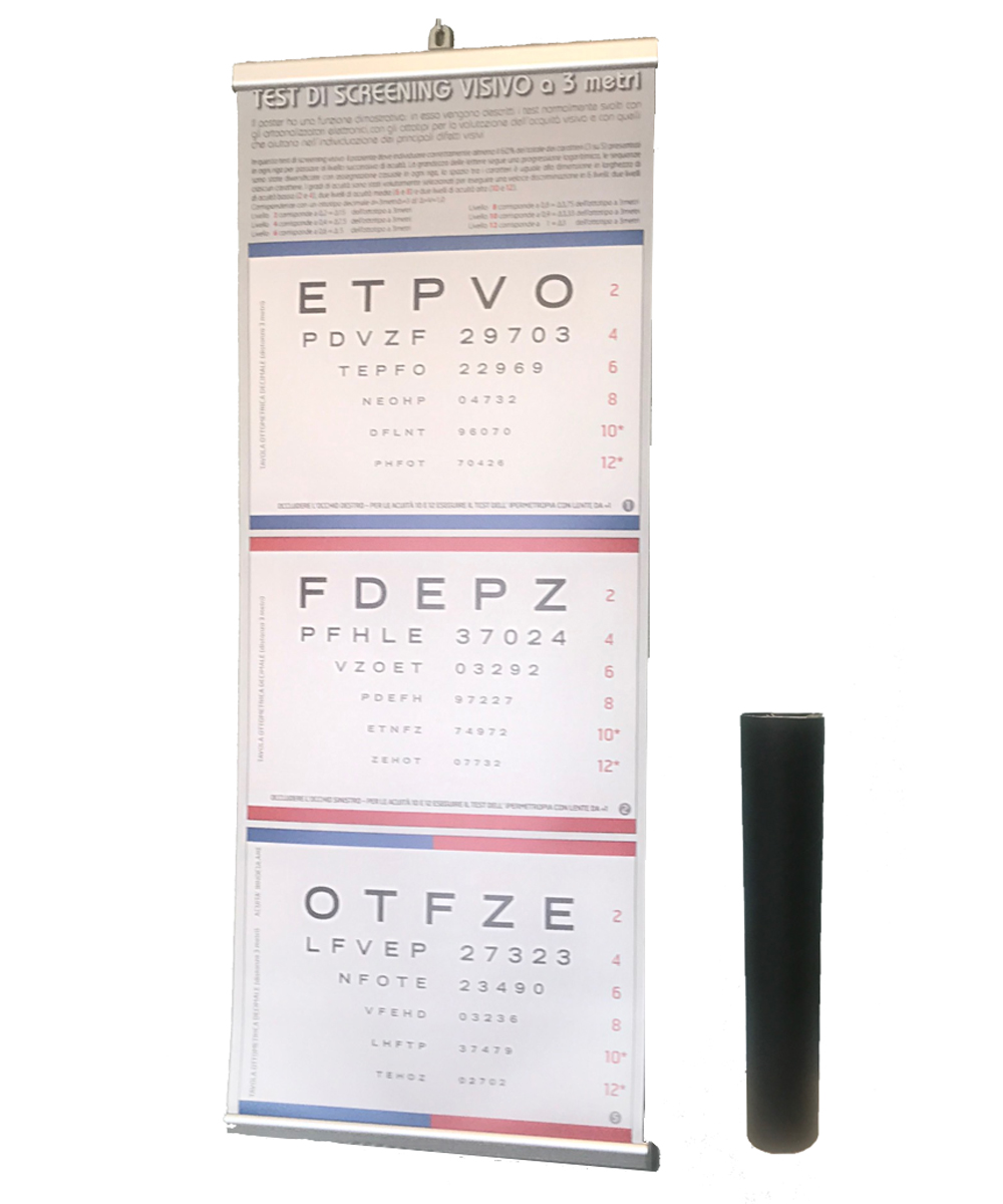 Poster diagnostico a 3 metri con stampa ad alta risoluzione, cornice a scatto e gancio per montaggio a parete.