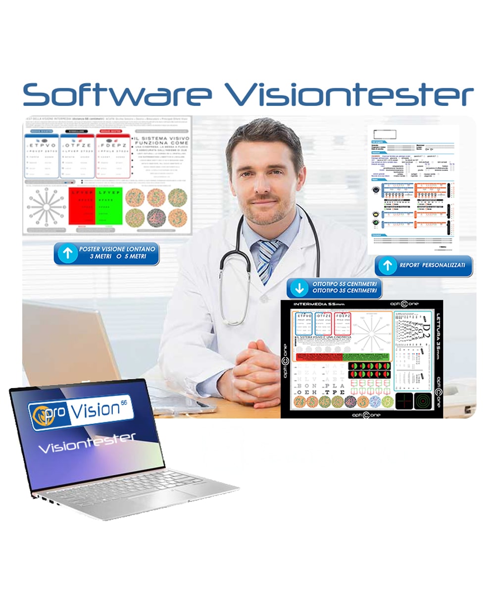 Vision Tester Software mostrato in primo piano, soluzione digitale avanzata per test visivi con ottotipi su PC, ideale per studi ottici e centri oculistici.