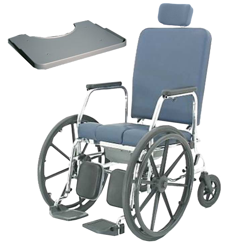 Carrozzina ruote anter.grandi,seduta cm.43,con wc,poggiatesta e tavolino 