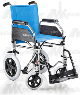 Carrozzina trans.pieg.squillina tes. azzurro,telaio crom. port.120 kg. 