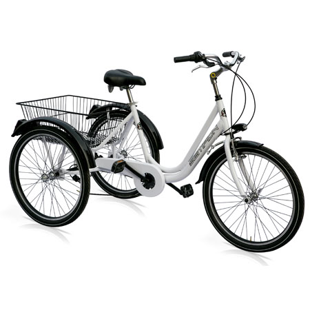 Ciclo tre ruote 24 6 veloc. cambio shimano col.bianco c/cestone poster. 