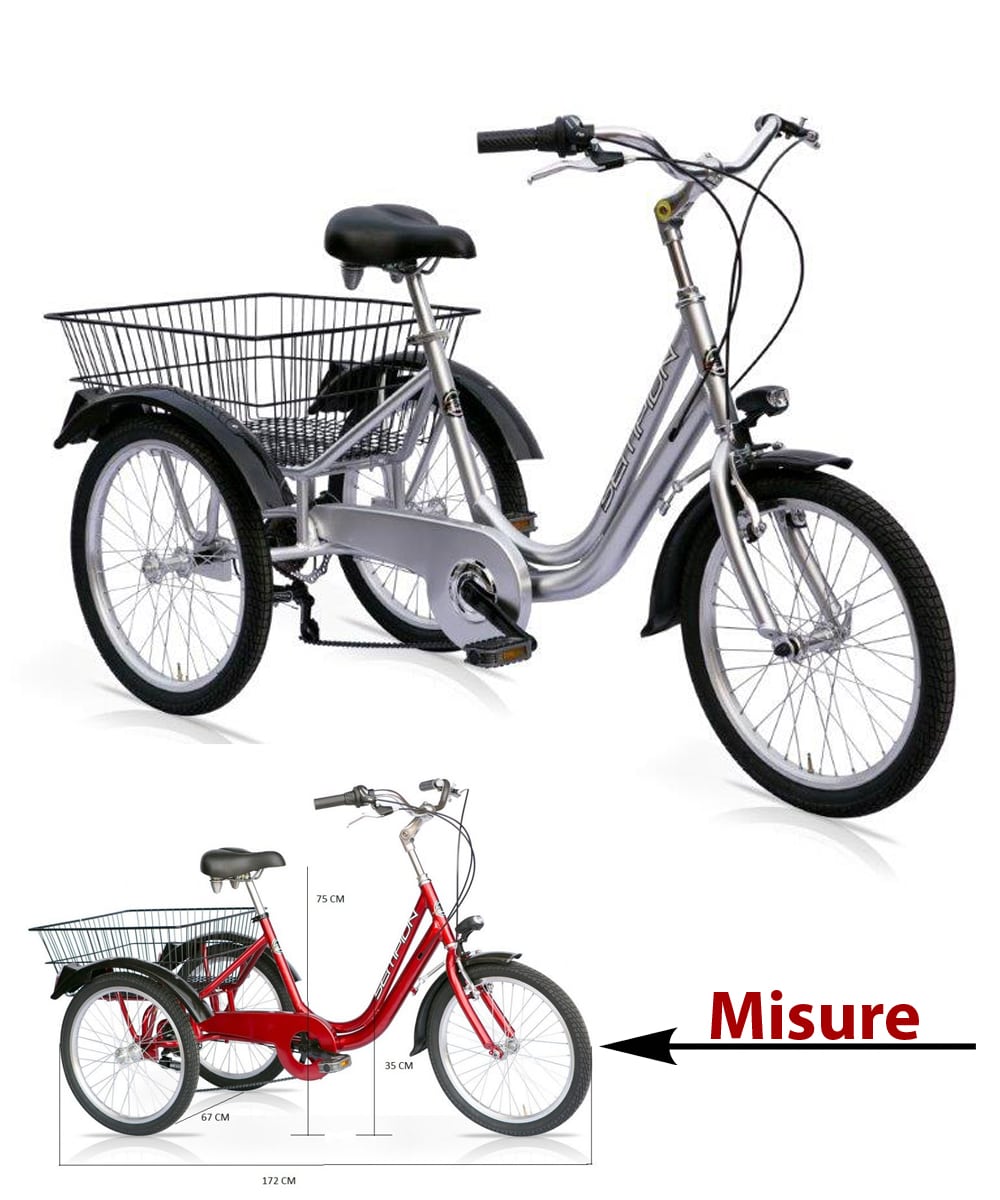 Triciclo da carico professionale in alluminio con cestino posteriore e cambio Shimano, ideale per ambienti sanitari e logistici.