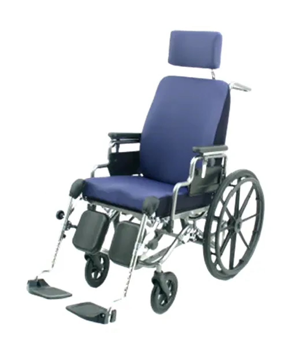 Seggiolone polifunzionale basculante PIAI ORTOTECH con tavolo, poggiatesta e imbottitura, struttura regolabile in acciaio, comfort e supporto posturale.