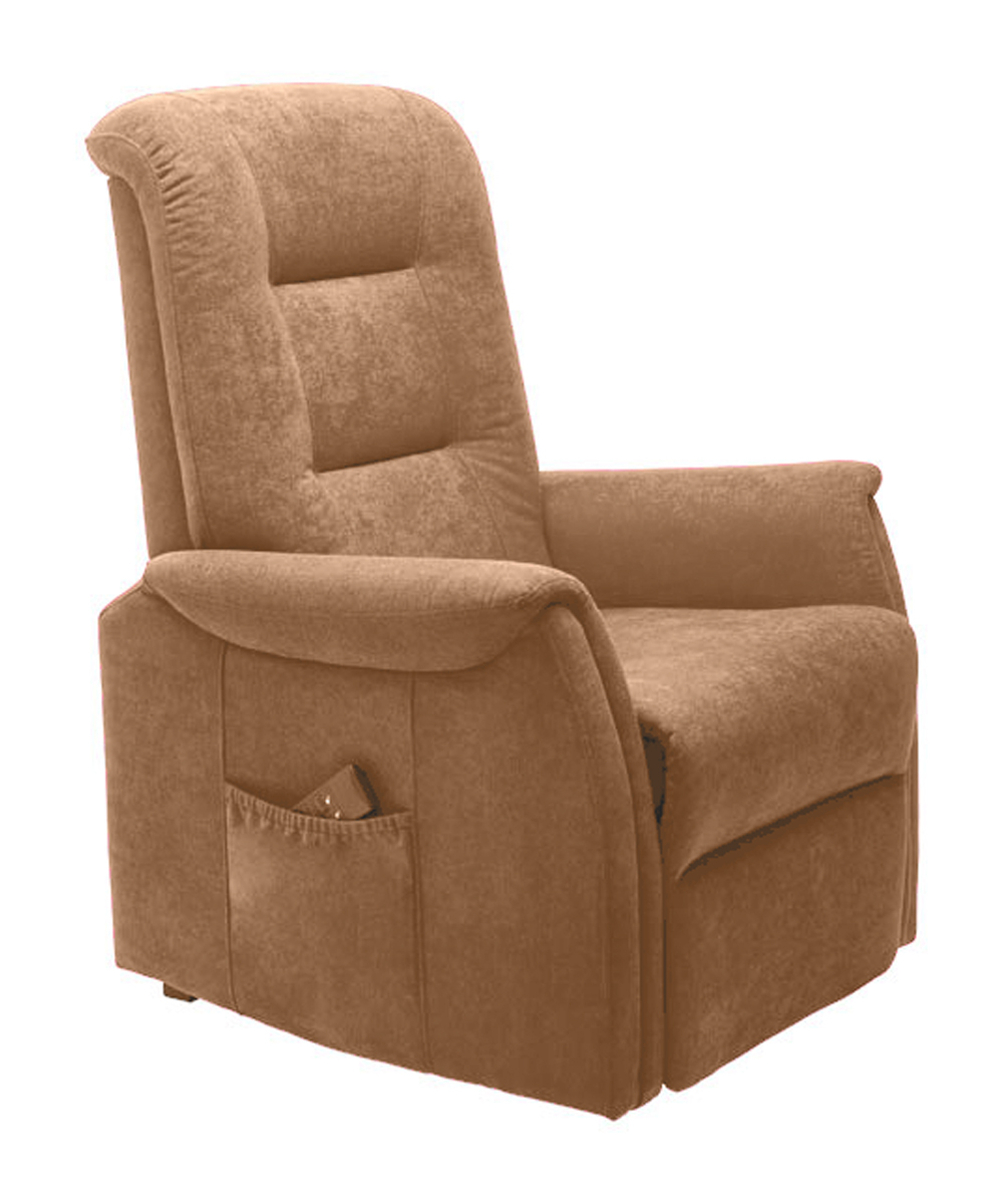 Poltrona relax con funzione Lift e Relax, struttura in ferro e legno, imbottitura indeformabile, tessuto resistente all’usura.