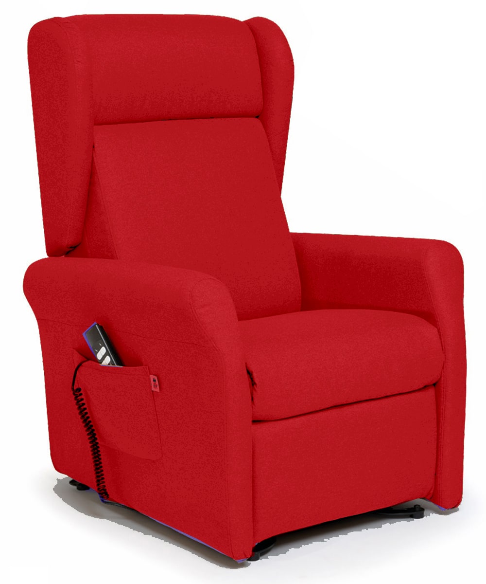 Poltrona elevabile relax a due motori in tessuto rosso, struttura in ferro e legno, con roller integrati per spostamenti facili.