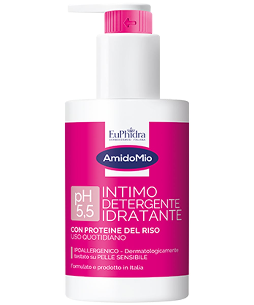 Flacone di detergente intimo idratante pH 5,5 Zeta Farmaceutici da 250 ml, ideale per l’igiene quotidiana delle mucose esterne anche sensibili.